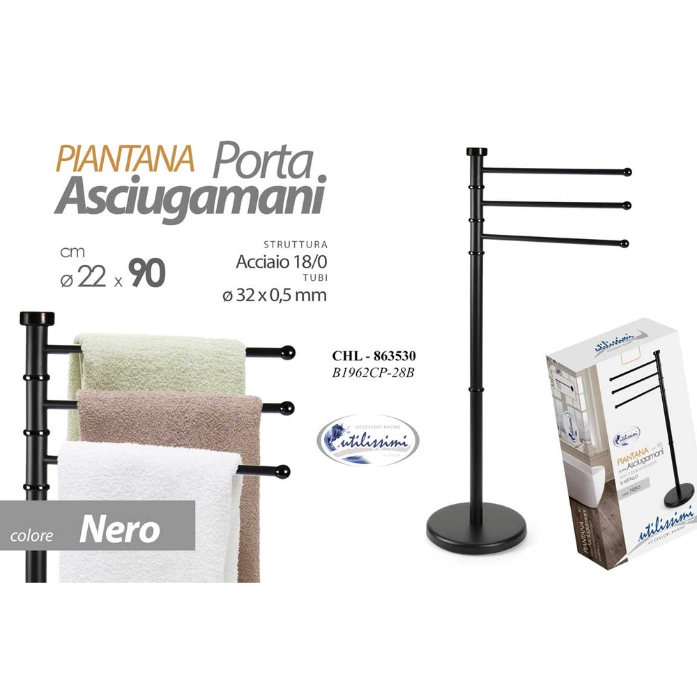 Chl/Porta Asciugamano a 3 Bracci Nero 22*90 B1962Cp-28/B