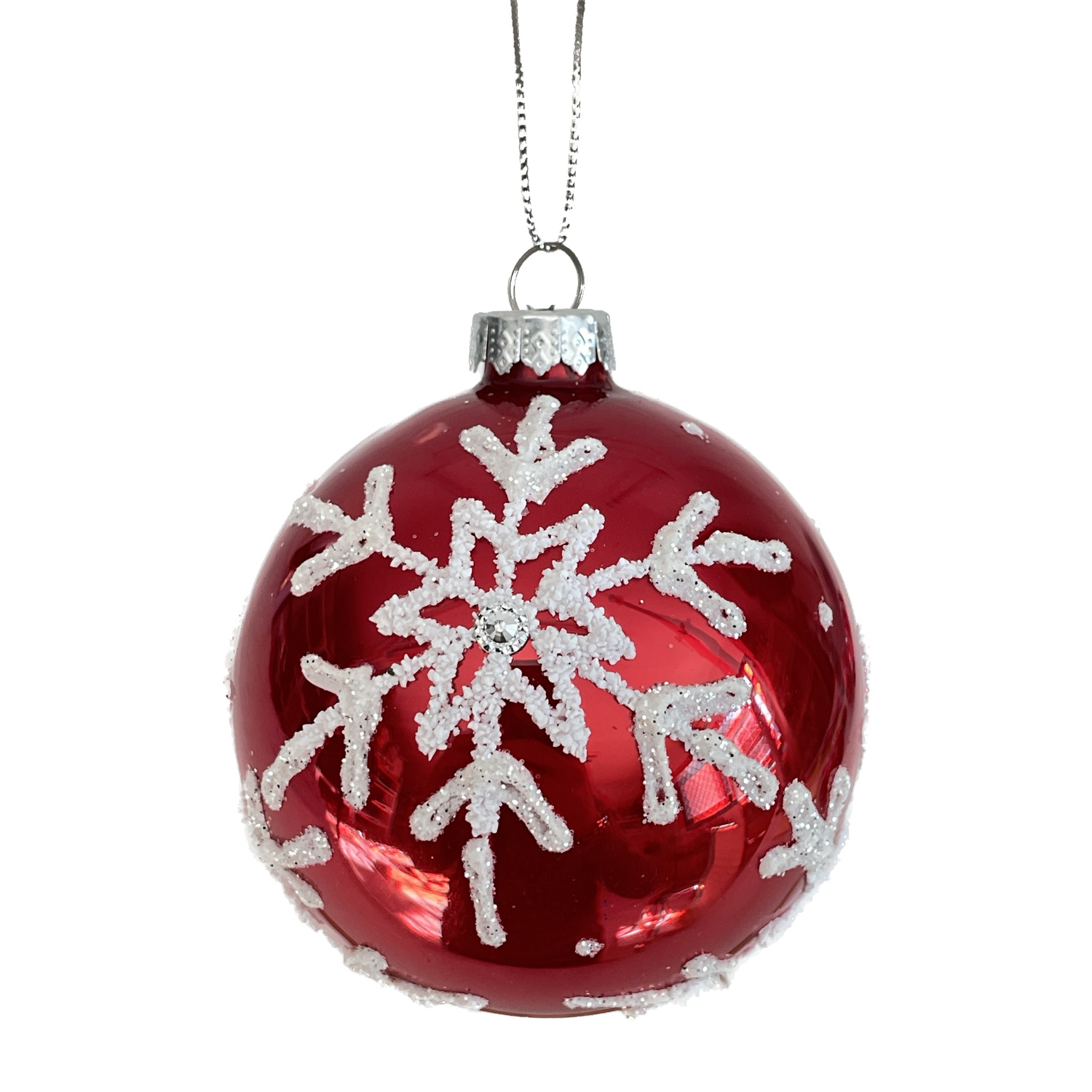 Yuj 59207 Sfera Vetro Rossa Silver Snowflake 8Cm