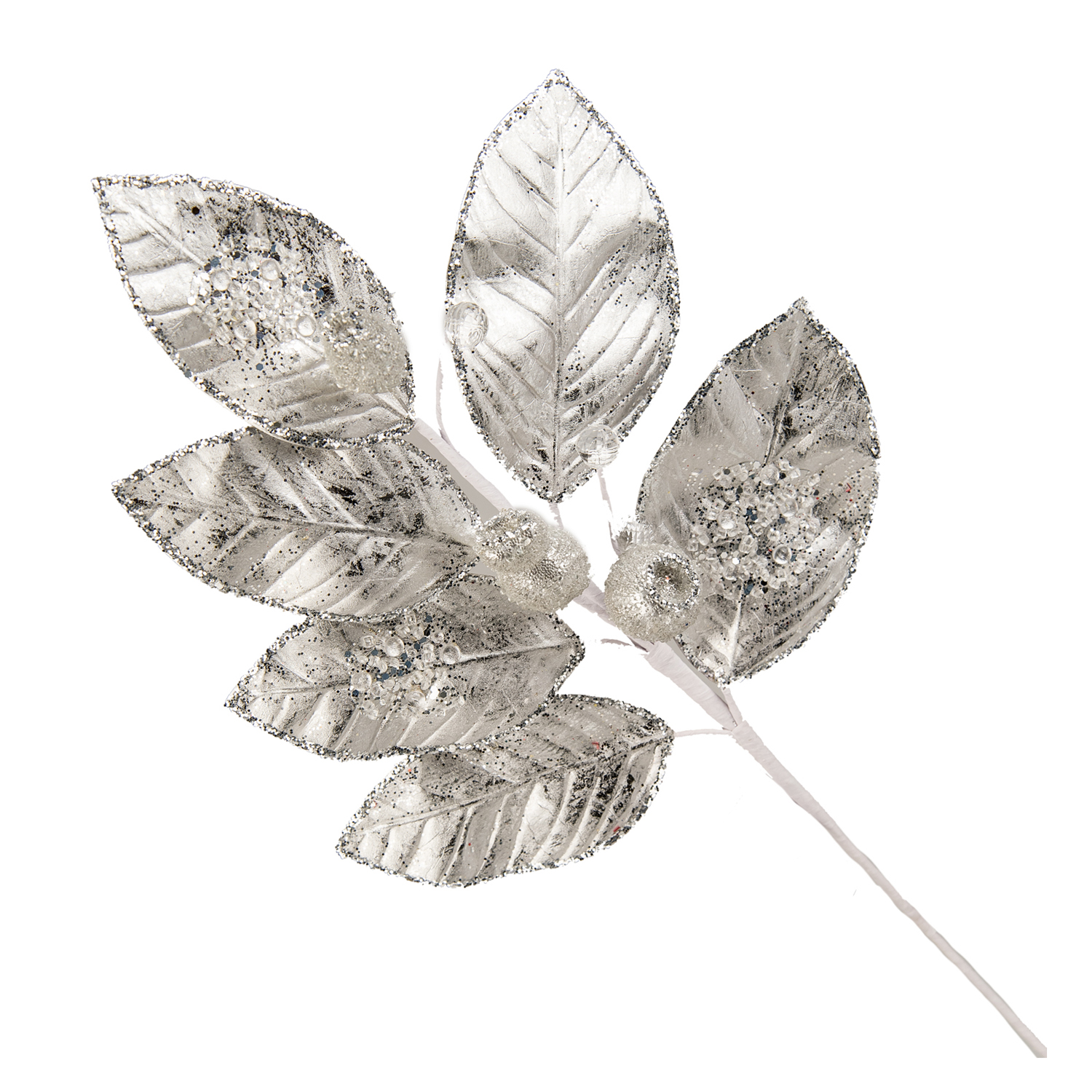 Luv 57542 Stelo Foglie E Bacche Glitter Silver 60Cm