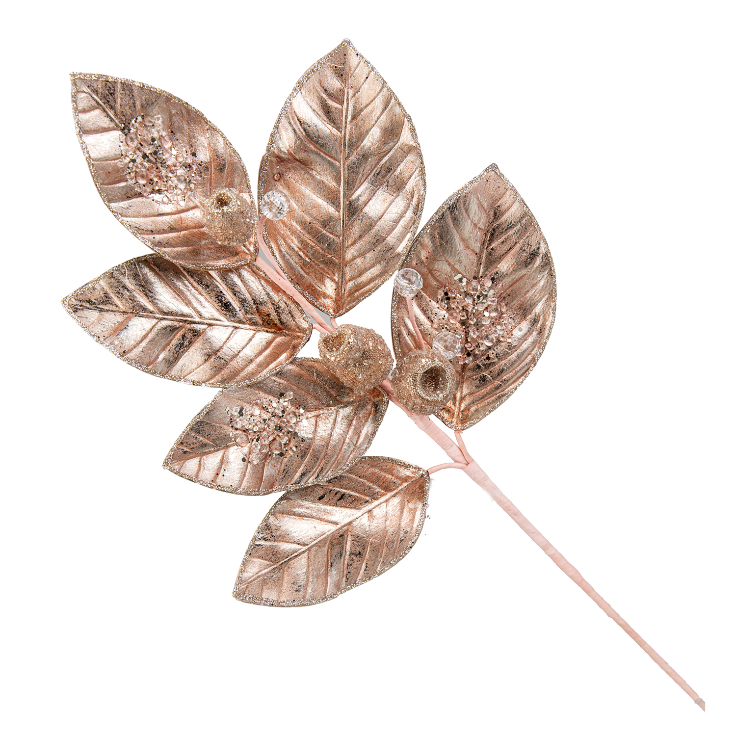 Luv 57543 Stelo Foglie E Bacche Glitter Antique Pink 60Cm